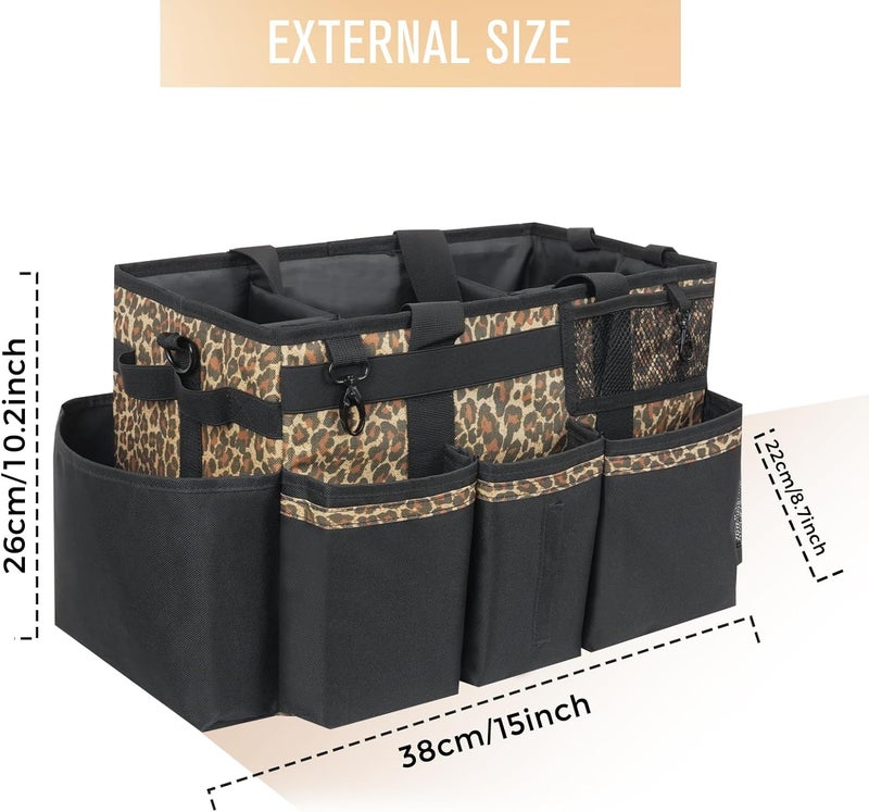 SCAVATA Wearable Cleaning Caddy, Cleaning Caddy Supplies Organizer with Handle & Shoulder Straps for Housekeepers, Under Sink & Car Cleaning Tool Organizers Bag with 4 Foldable Divider (Leopard) - Image 5